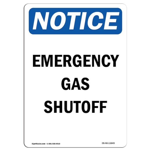 Safety Sign, OSHA Notice, 5" Height, Emergency Gas Shutoff Sign, Portrait, 10PK